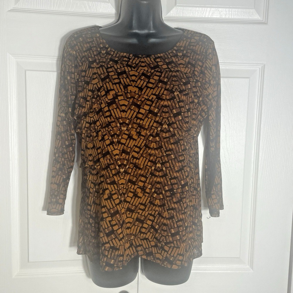Alfani Shirt Women L Brown Geometric Layered Sheer Lined 3/4 Sleeve Blouse Flowy